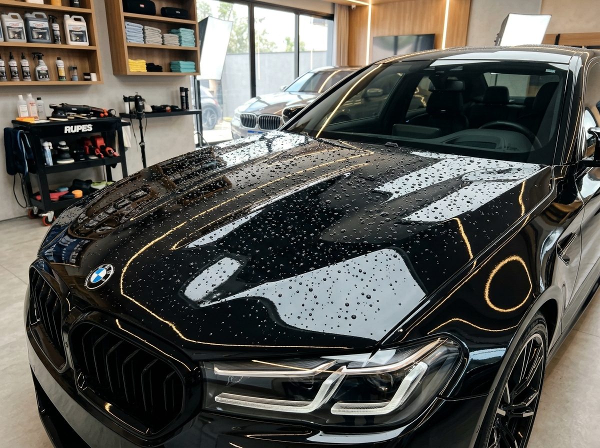 Carro preto limpo e encerado no box do lava-jato
