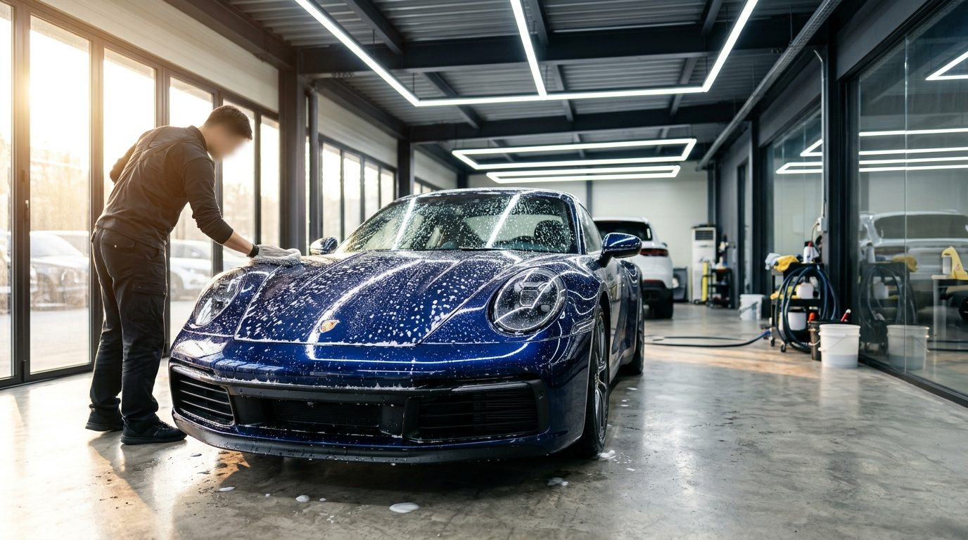 Carro azul brilhando no lava-jato com luz natural